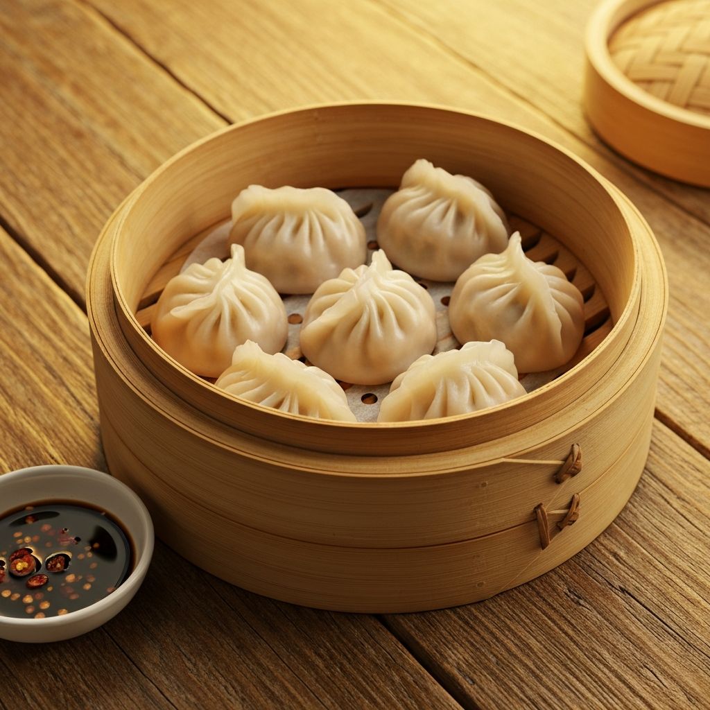 Freshly steamed Chinese dumplings in a bamboo steamer basket