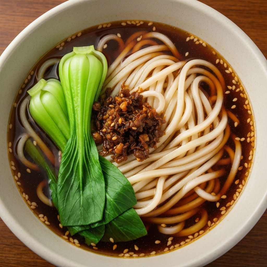 Steaming bowl of Chinese noodle soup with bok choy