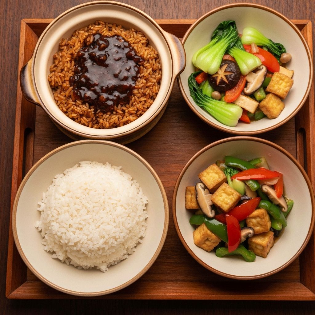 Chinese rice dishes with stir-fried vegetables in ceramic bowls